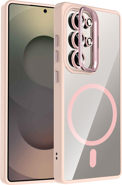Galaxy S25 Ultra Kılıf Standlı ve Kamera Lens Hediyeli M-Safe Şarj Özellikli Mnc Etro Kapak - Pembe