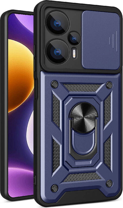 Xiaomi Poco F5 Kılıf Magnetik Standlı Kamera Korumalı Mnc Sürgülü Vega Kapak-Mavi