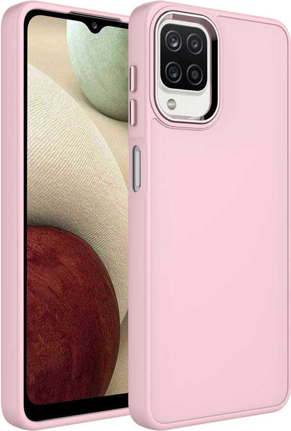 Galaxy M12 Kılıf Metal Çerçeve ve Buton Tasarımlı Silikon Mnc Luna Kapak-Pembe
