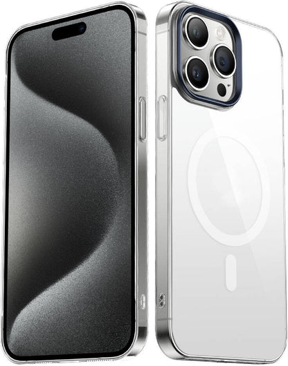 Apple iPhone 15 Pro Max Kılıf Mnc Wireless Şarj Özellikli Şeffaf G-Glass Kapak-Lacivert