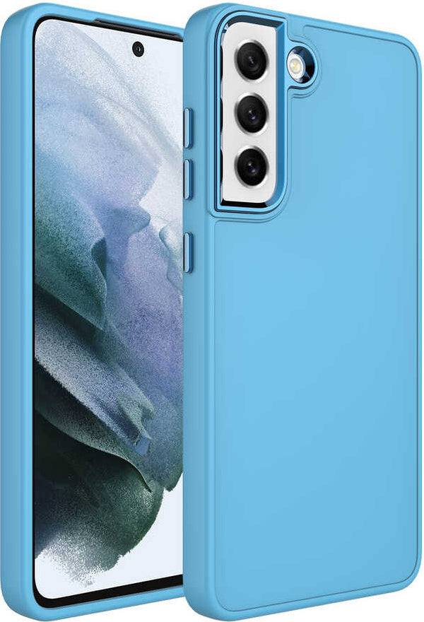 Galaxy S21 Fe Kılıf Metal Çerçeve ve Buton Tasarımlı Silikon Mnc Luna Kapak-Sierra Mavi