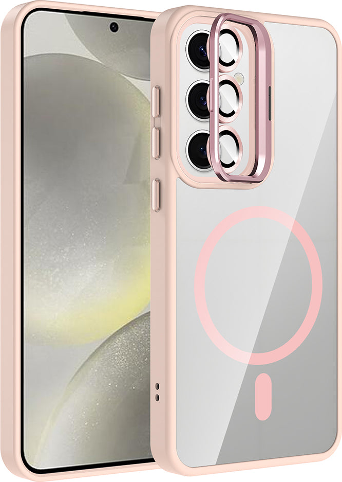Galaxy S25 Kılıf Standlı ve Kamera Lens Hediyeli M-Safe Şarj Özellikli Mnc Etro Kapak - Pembe
