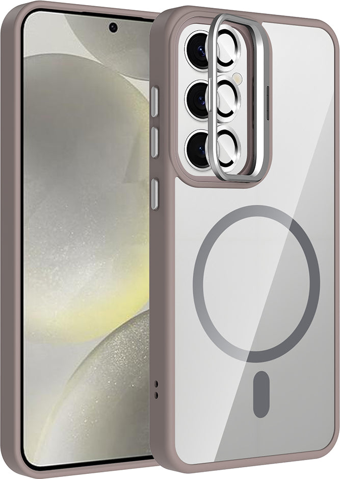 Galaxy S25 Kılıf Standlı ve Kamera Lens Hediyeli M-Safe Şarj Özellikli Mnc Etro Kapak - Gri
