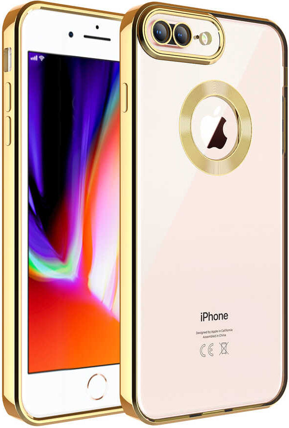 Rengareng iPhone 8 Plus Uyumlu Kamera Korumalı Logo Gösteren Mnc Omega Kapak-Gold