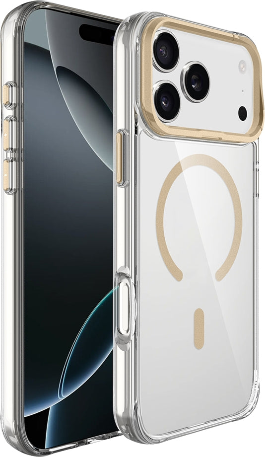 Rengareng iPhone 17 Pro Max Kılıf M-Safe Şarj Özellikli Airbagli Kamera Standlı Zore Azor Kapak - Gold