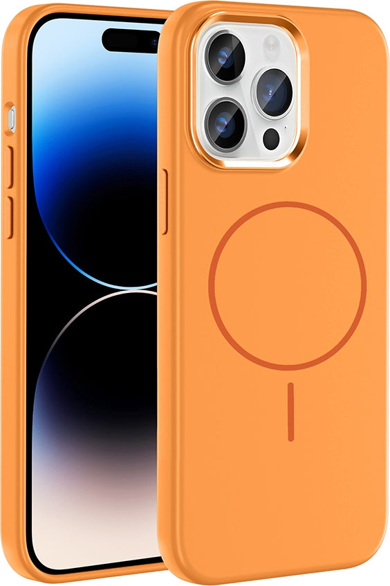 Rengareng iPhone 14 Pro Max Kılıf M-Safe Şarj Özellikli Metal Kamera Çerçeveli Zore Edi Silikon Kapak - Turunc
