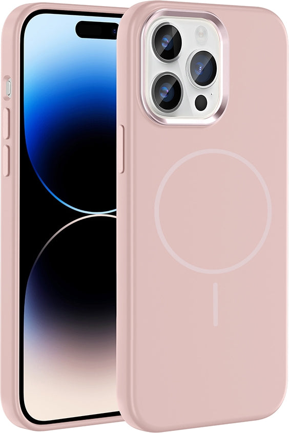 Rengareng iPhone 14 Pro Max Kılıf M-Safe Şarj Özellikli Metal Kamera Çerçeveli Zore Edi Silikon Kapak - Rose G