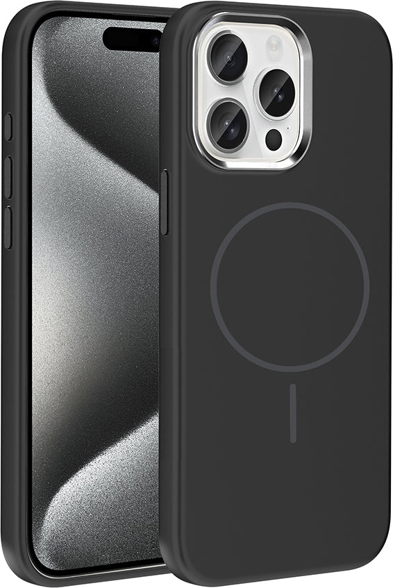 Rengareng iPhone 15 Pro Max Kılıf M-Safe Şarj Özellikli Metal Kamera Çerçeveli Zore Edi Silikon Kapak - Siyah