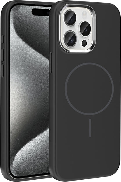 Rengareng iPhone 15 Pro Max Kılıf M-Safe Şarj Özellikli Metal Kamera Çerçeveli Zore Edi Silikon Kapak - Siyah
