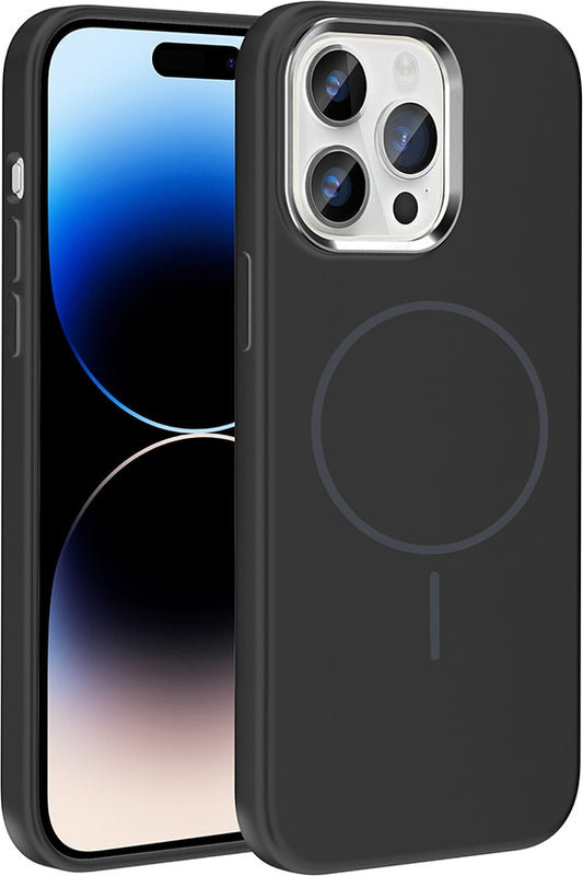 Rengareng iPhone 14 Pro Max Kılıf M-Safe Şarj Özellikli Metal Kamera Çerçeveli Zore Edi Silikon Kapak - Siyah