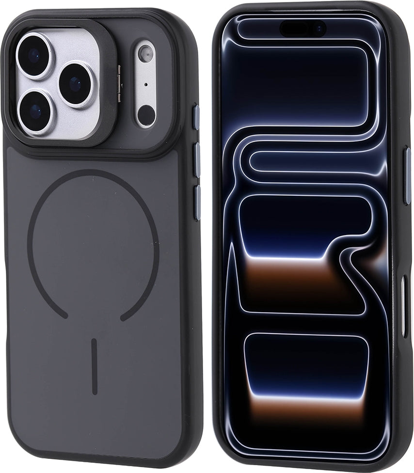 Rengareng iPhone 17 Pro Kılıf M-Safe Şarj Özellikli Kamera Standlı Zore Notron Kapak - Siyah