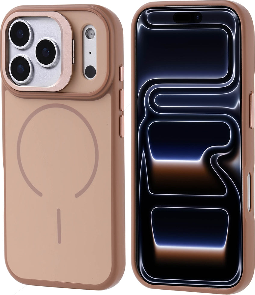 Rengareng iPhone 17 Pro Kılıf M-Safe Şarj Özellikli Kamera Standlı Zore Notron Kapak - Gold