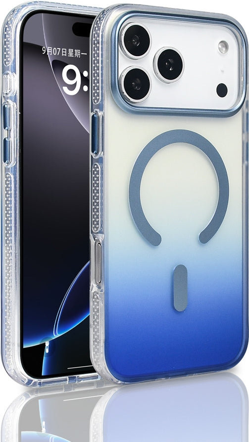 Rengareng iPhone 17 Pro Max Kılıf M-Safe Şarj Özellikli Transparan Renk Geçişli Mnc Toros Kapak - Mavi