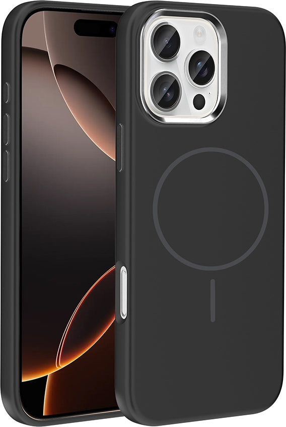Rengareng iPhone 16 Pro Max Kılıf M-Safe Şarj Özellikli Metal Kamera Çerçeveli Zore Edi Silikon Kapak - Siyah