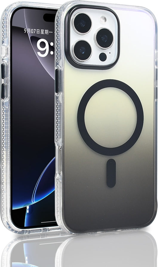 Rengareng iPhone 16 Pro Max Kılıf M-Safe Şarj Özellikli Transparan Renk Geçişli Mnc Toros Kapak - Siyah