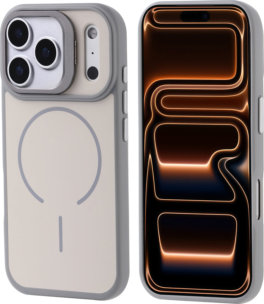 Rengareng iPhone 17 Pro Max Kılıf M-Safe Şarj Özellikli Kamera Standlı Zore Notron Kapak - Gri