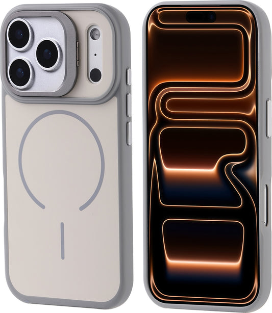 Rengareng iPhone 17 Pro Max Kılıf M-Safe Şarj Özellikli Kamera Standlı Zore Notron Kapak - Gri