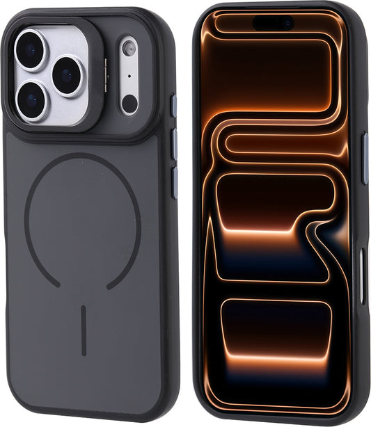 Rengareng iPhone 17 Pro Max Kılıf M-Safe Şarj Özellikli Kamera Standlı Zore Notron Kapak - Siyah