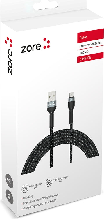 Rengareng Siyah Shira Serisi Micro USB Kablo 3 Metre