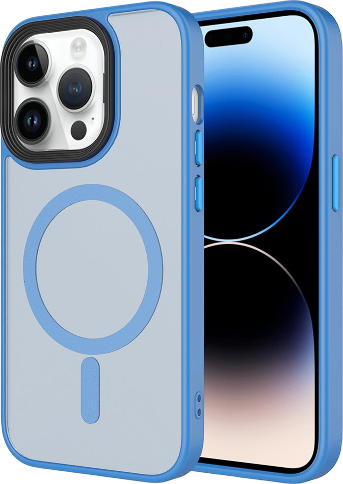 Rengareng iPhone 14 Pro Max Kılıf Mat Arka Yüzey Wireless Şarj Özellikli Zore Flet M-Safe Kapak - Açık Mavi
