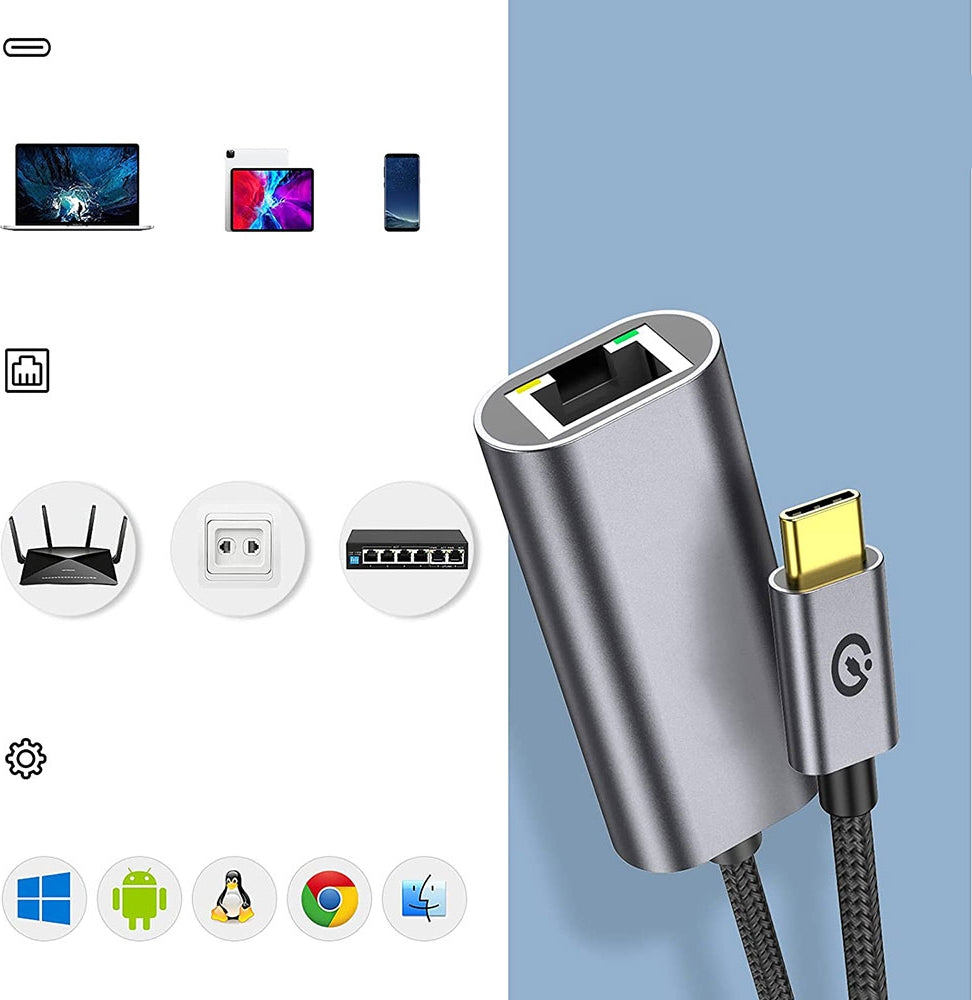 Rengareng Siyah QG04 Type-C To RJ45 Ethernet Dönüştürücü Kablo 1024MBPS 22CM