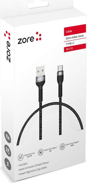 Rengareng Siyah Shira Serisi Type-C USB Kablo 30 cm
