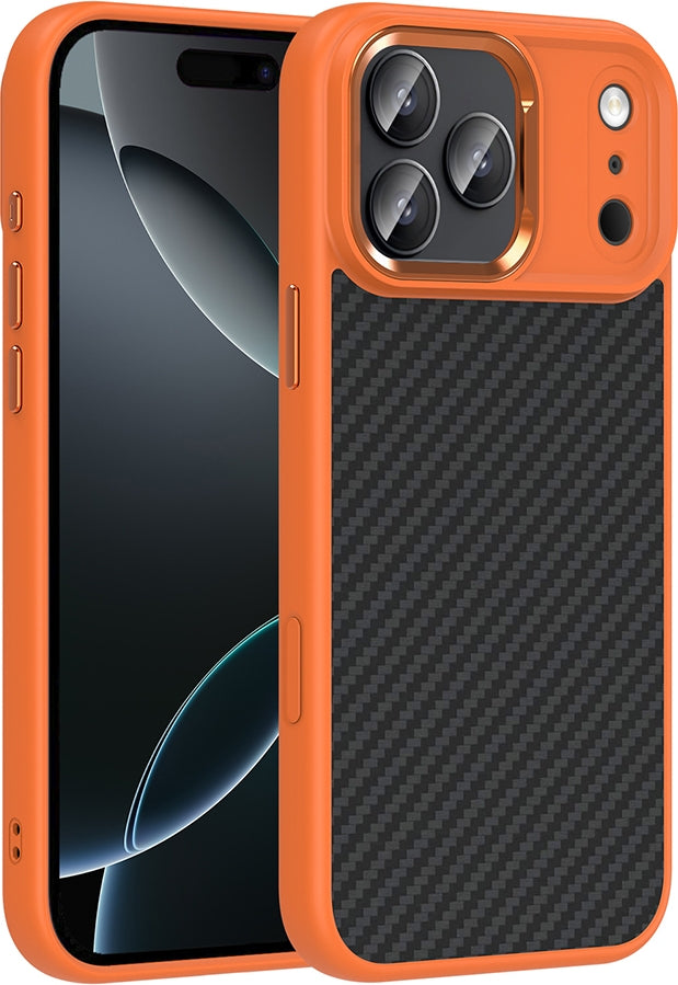 Rengareng iPhone 17 Pro Kılıf M-Safe Şarj Özellikli Karbon Fiber Görünümlü Zore Truva Silikon Kapak - Turuncu