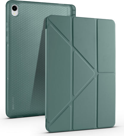 Rengareng Galaxy Tab S11 Kılıf Zore Tri Folding Kalem Bölmeli Standlı Kılıf - Koyu Yeşil