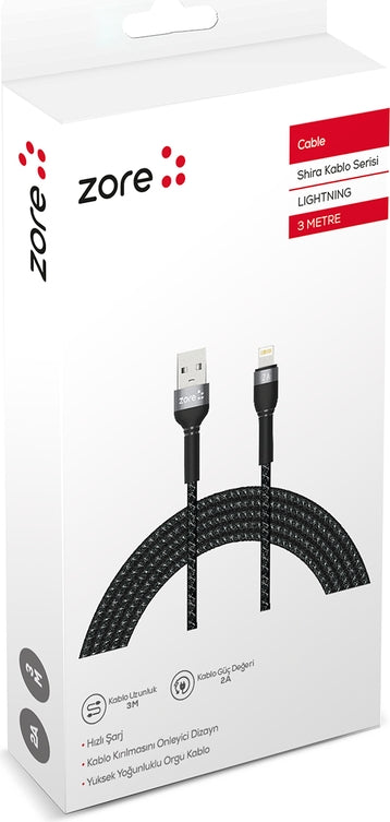 Rengareng Siyah Shira Serisi Lightning USB Kablo 3 Metre