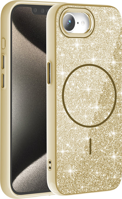 Rengareng iPhone 17E Kılıf M-Safe Şarj Özellikli Parlayan Simli Zore Okso Kapak - Gold