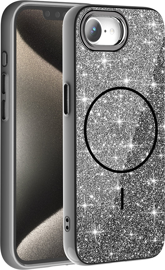 Rengareng iPhone 17E Kılıf M-Safe Şarj Özellikli Parlayan Simli Zore Okso Kapak - Siyah