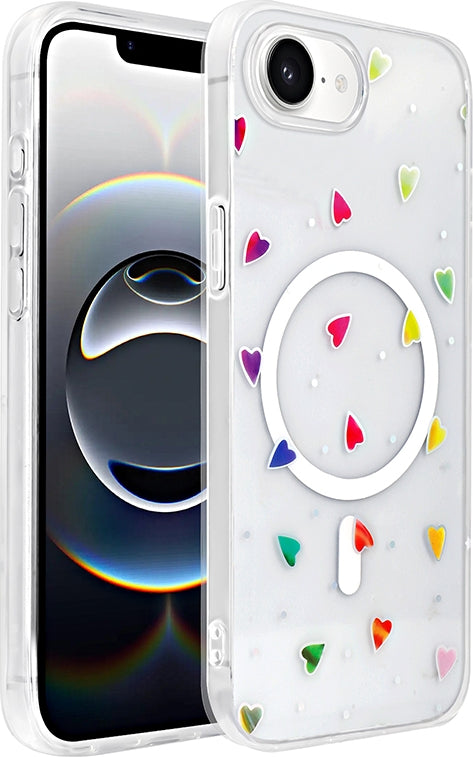 Rengareng iPhone 17E Kılıf M-Safe Şarj Özellikli Şeffaf Zore Folk Sert Kapak - Kalp