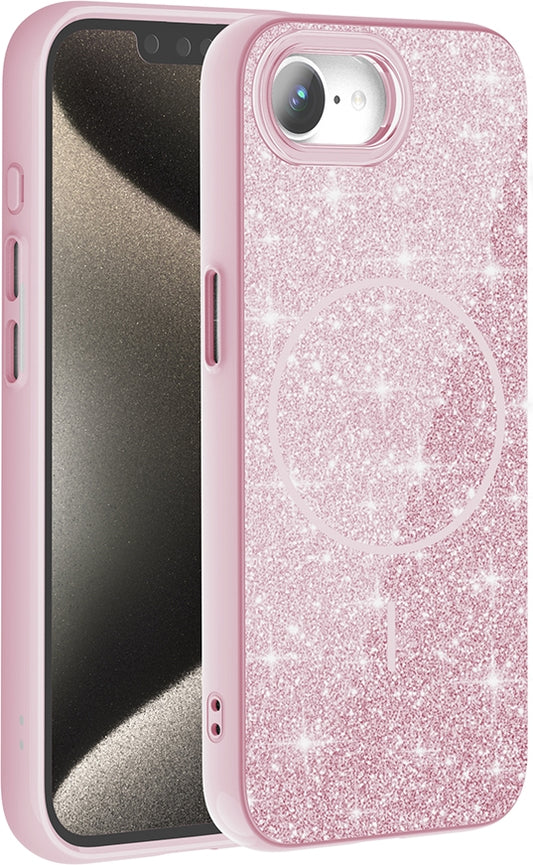 Rengareng iPhone 17E Kılıf M-Safe Şarj Özellikli Parlayan Simli Zore Okso Kapak - Pembe