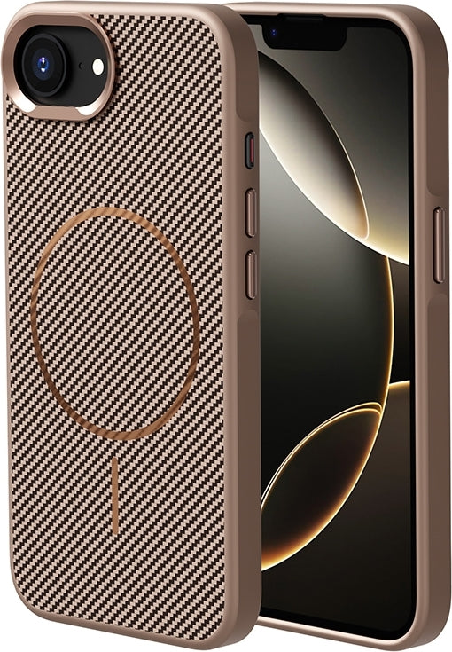 Rengareng iPhone 17E Kılıf M-Safe Şarj Özellikli Karbon Fiber Görünümlü Zore Troy Kapak - Gold