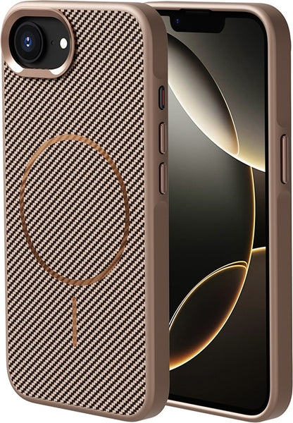 Rengareng iPhone 17E Kılıf M-Safe Şarj Özellikli Karbon Fiber Görünümlü Zore Troy Kapak - Gold