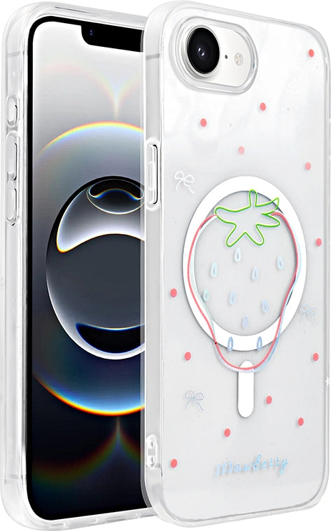 Rengareng iPhone 17E Kılıf M-Safe Şarj Özellikli Şeffaf Zore Folk Sert Kapak - Çilek