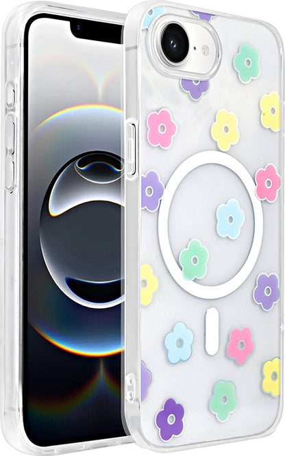 Rengareng iPhone 17E Kılıf M-Safe Şarj Özellikli Şeffaf Zore Folk Sert Kapak - Papatya