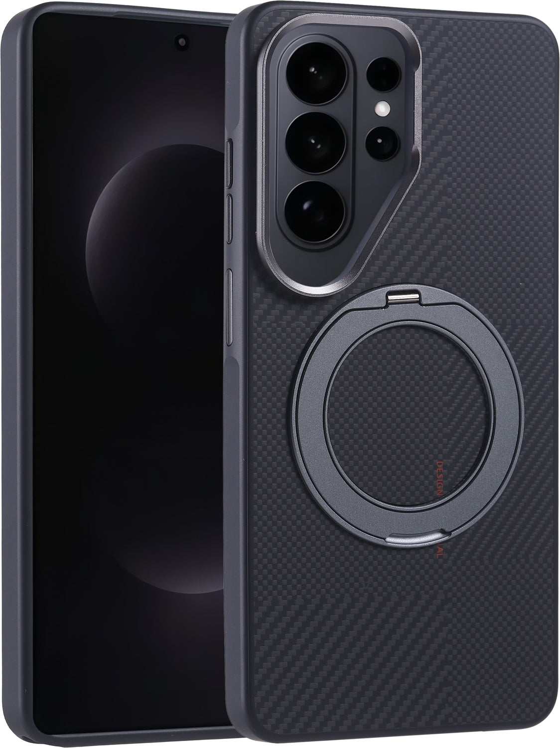 Rengareng Galaxy S26 Ultra Kılıf M-Safe Şarj Özellikli Karbon Fiber Görünümlü Zore Standlı Troy Kapak - Siyah