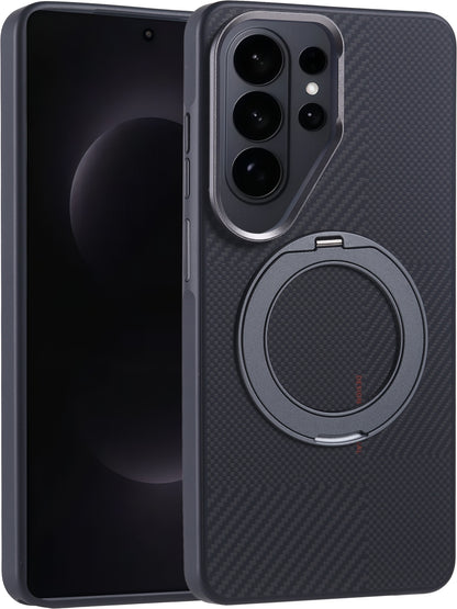 Rengareng Galaxy S26 Ultra Kılıf M-Safe Şarj Özellikli Karbon Fiber Görünümlü Zore Standlı Troy Kapak - Siyah