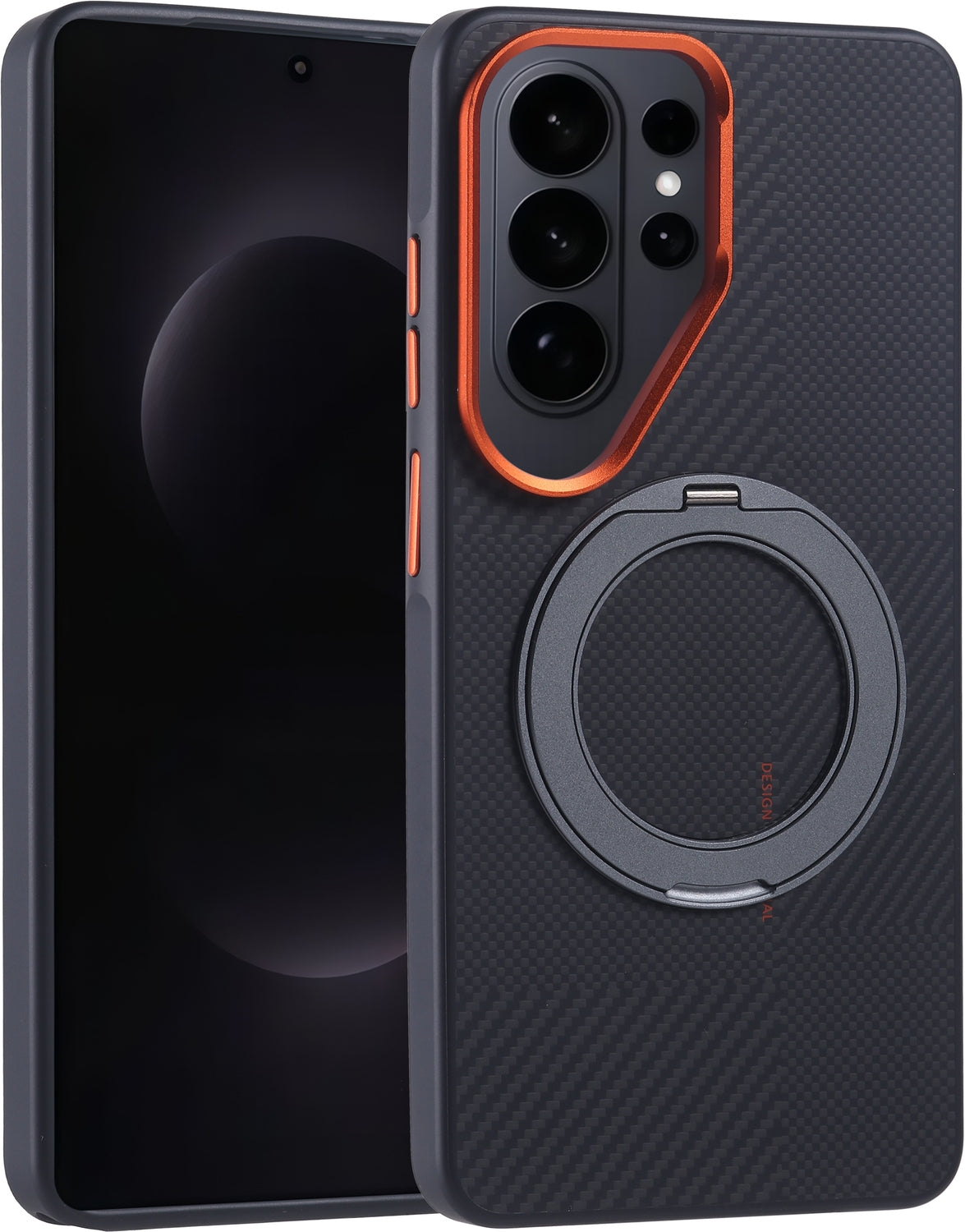 Rengareng Galaxy S26 Ultra Kılıf M-Safe Şarj Özellikli Karbon Fiber Görünümlü Zore Standlı Troy Kapak - Siyah